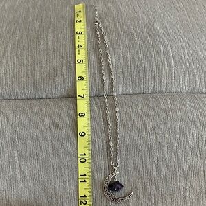 Silver Moon Pendant Necklace with Purple Stone